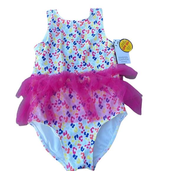 Multicolor pink white one-piece swimsuit with tutu skirt size 5 NEW - Picture 1 of 7
